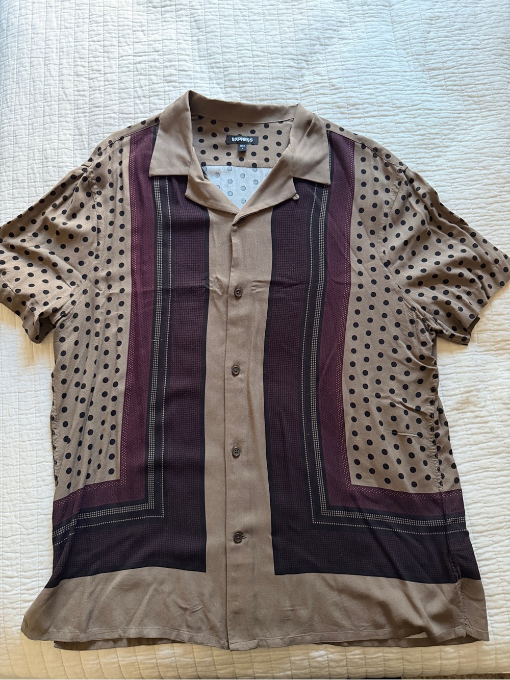 Express Men’s Brown and Burgundy Short-Sleeve Button-Down Shirt